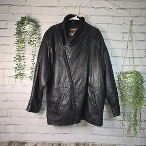 IOU Vintage Leather Over Sized Fur Neck Asymetrical Zip Mens Large Coat EUC